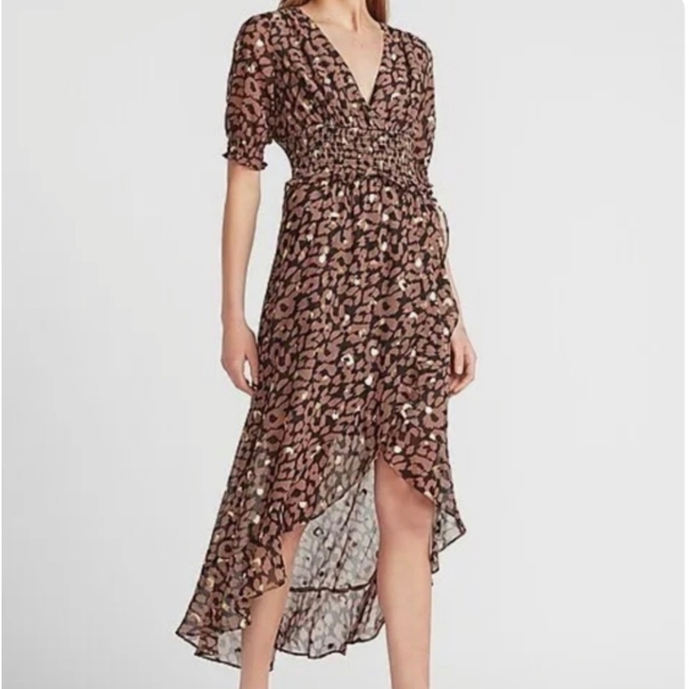 NWT Express Leopard‎ Print Gold Foil High-Low Maxi Dress Brown Smocked Waist S